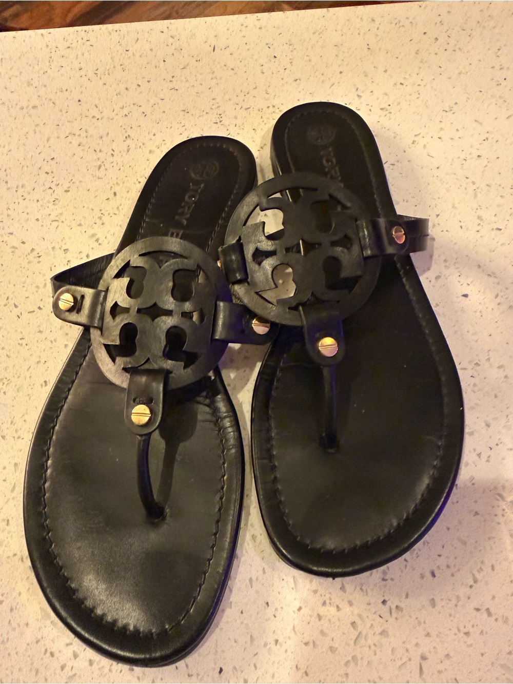 Tory Burch Black Leather Logo Thong Sandals with Gold Hardware